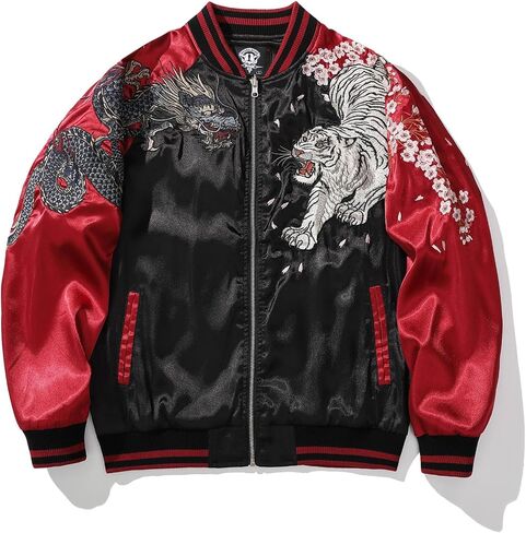Phoenix Embroidered Men's Bomber Jacket Japanese Style Oversized Streetwear Full-Zip Spring Fall Windbreaker Coat in Kuwait