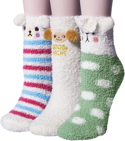 Loritta 3 Pairs Womens Fuzzy Socks Winter Warm Fluffy Soft Slipper Home Sleeping Cute Animal Socks in Kuwait