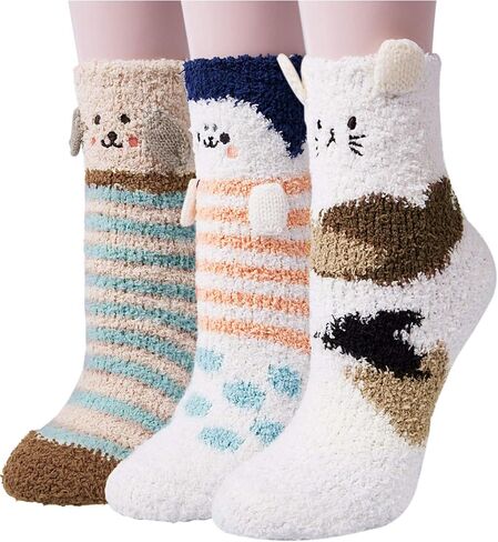 Loritta 3 Pairs Womens Fuzzy Socks Winter Warm Fluffy Soft Slipper Home Sleeping Cute Animal Socks in Saudi Arabia
