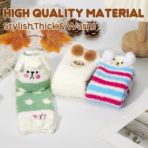 Loritta 3 Pairs Womens Fuzzy Socks Winter Warm Fluffy Soft Slipper Home Sleeping Cute Animal Socks in Kuwait