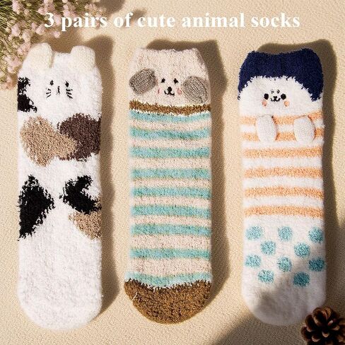Loritta 3 Pairs Womens Fuzzy Socks Winter Warm Fluffy Soft Slipper Home Sleeping Cute Animal Socks in Saudi Arabia