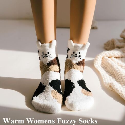 Loritta 3 Pairs Womens Fuzzy Socks Winter Warm Fluffy Soft Slipper Home Sleeping Cute Animal Socks in Saudi Arabia