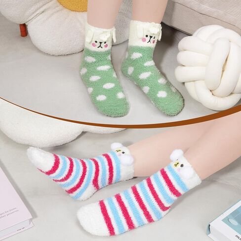Loritta 3 Pairs Womens Fuzzy Socks Winter Warm Fluffy Soft Slipper Home Sleeping Cute Animal Socks in Kuwait