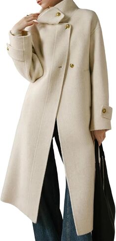 Women's Long Wool Coat, Beige Stand Collar, Simple Wool Coat With Belt in Saudi Arabia
