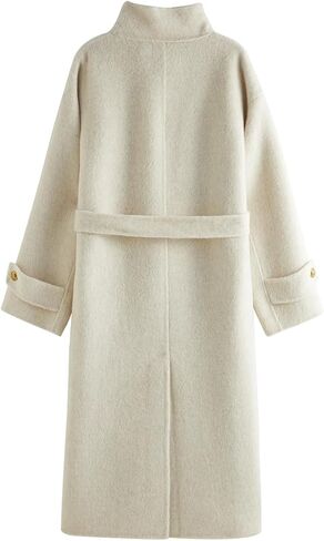 Women's Long Wool Coat, Beige Stand Collar, Simple Wool Coat With Belt in Saudi Arabia