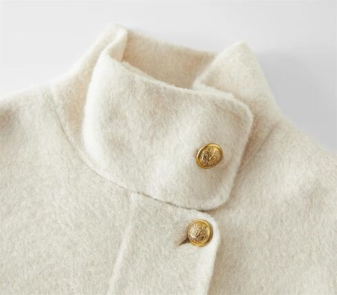 Women's Long Wool Coat, Beige Stand Collar, Simple Wool Coat With Belt in Saudi Arabia