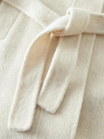 Women's Long Wool Coat, Beige Stand Collar, Simple Wool Coat With Belt in Saudi Arabia