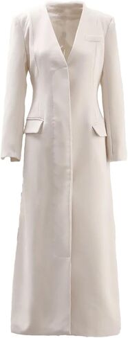 Women V-Neck Long Blazer Slim Covered Single Breasted Overcoat Long Sleeve Slit Suit Coat in Saudi Arabia