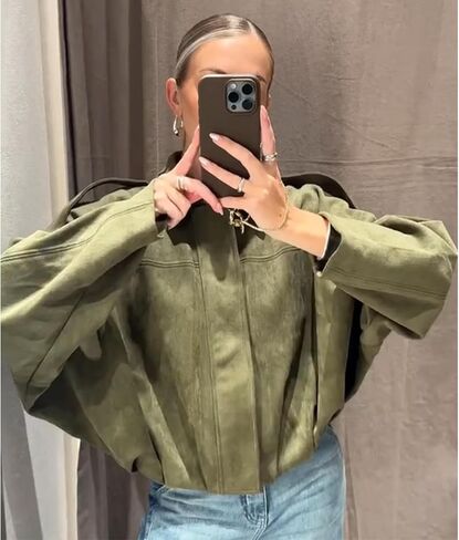 Women's Faux Suede Bomber Jacket Oversized Pilot Coats Fall Lapel Zip Up Motorcycle Streetwear Outerwear in Kuwait
