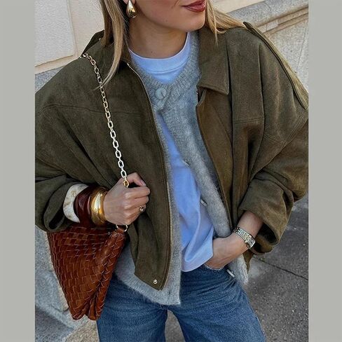 Women's Faux Suede Bomber Jacket Oversized Pilot Coats Fall Lapel Zip Up Motorcycle Streetwear Outerwear in Kuwait