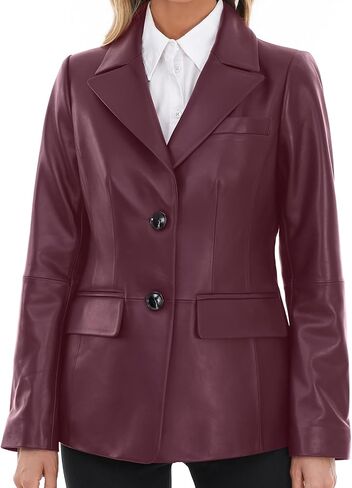 Lambskin Leather Jacket Women,Long Sleeve Button Front Leather Blazer,Notched Lapel Casual Style,Vent Detail in Kuwait