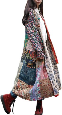 LUZU JUNU Women's Trench Coat Floral Print Long Cotton Linen Jacke Cottagecore Clothing Patchwork Outwear Bohemian unique in Kuwait