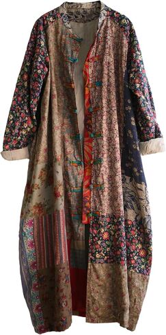LUZU JUNU Women's Trench Coat Floral Print Long Cotton Linen Jacke Cottagecore Clothing Patchwork Outwear Bohemian unique in Kuwait