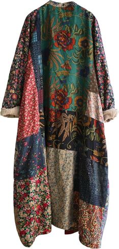 LUZU JUNU Women's Trench Coat Floral Print Long Cotton Linen Jacke Cottagecore Clothing Patchwork Outwear Bohemian unique in Kuwait