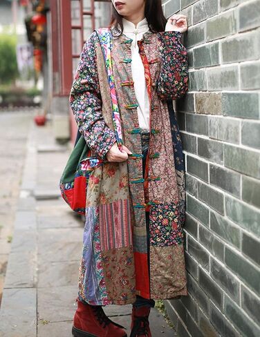 LUZU JUNU Women's Trench Coat Floral Print Long Cotton Linen Jacke Cottagecore Clothing Patchwork Outwear Bohemian unique in Kuwait