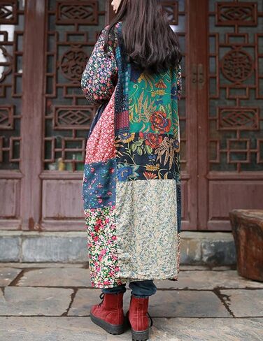 LUZU JUNU Women's Trench Coat Floral Print Long Cotton Linen Jacke Cottagecore Clothing Patchwork Outwear Bohemian unique in Kuwait