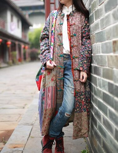 LUZU JUNU Women's Trench Coat Floral Print Long Cotton Linen Jacke Cottagecore Clothing Patchwork Outwear Bohemian unique in Kuwait