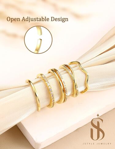 حلقات JSTYLE GOLD قابلة للتكديس للنساء غير المشوهة مفتوحة قابلة للتعديل حلقات مكعبة الزركونيا رقيقة إبهام الخاتم الفضي مجموعة 14K مملوءة بالذهب الخنصر مجموعة التراهن in Saudi Arabia