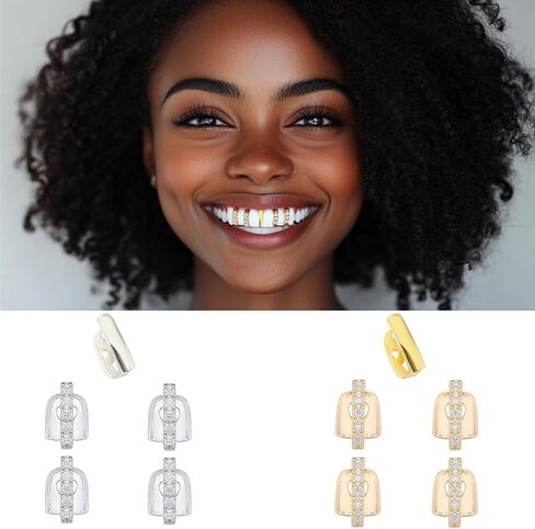 5 مساءً أسنان شوايات مجموعة شوايات فضية مطلية بالذهب لأسنانك ، شواهد الراين الشرير عبر Grillz Hollow Out Heart Star Cap Hip Hip-Hop Gift for Women Men in Saudi Arabia