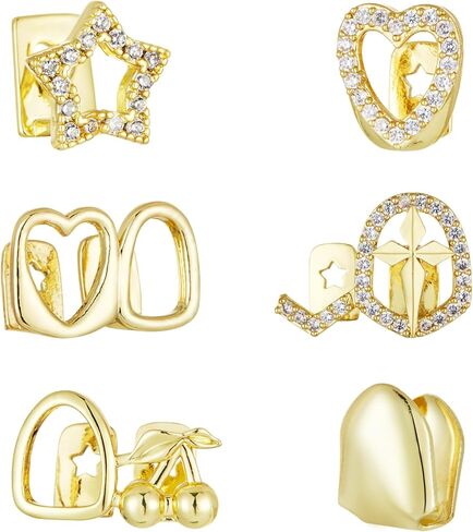 6PCs Grillz for Women Hip-Hop Punk Rhinestones Cross Grillz Hollow Out Heart Star tooth cap Gold Plated Silver Grills for Your Teeth in Saudi Arabia