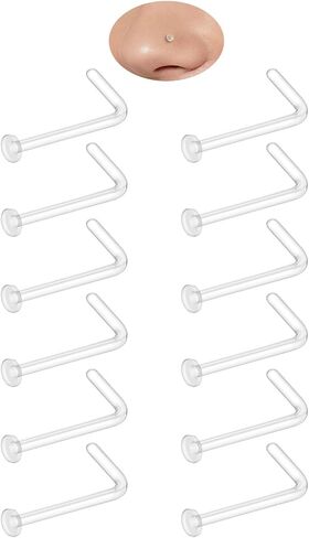 Clear Nose Stud for Work Women and Men Set - 12Pcs 18G 20G Bioflex Plastic L Shape Nose Rings Body Clear Piercing Retainer Flat Top Size 2mm for Sports Surgery Earring Lip Nose New Perforation in Kuwait