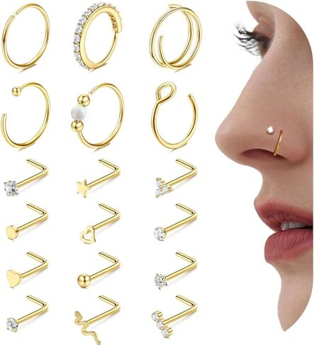 Jstyle 14K Gold Nose Rings for Women Men - 20G Stainless Steel Nose Rings Hoops L Shaped Studs Hypoallergenic Nostril Piercings Jewelry Helix Cartilage Daith Tragus Sleeper Earrings Gold/Silver in Saudi Arabia
