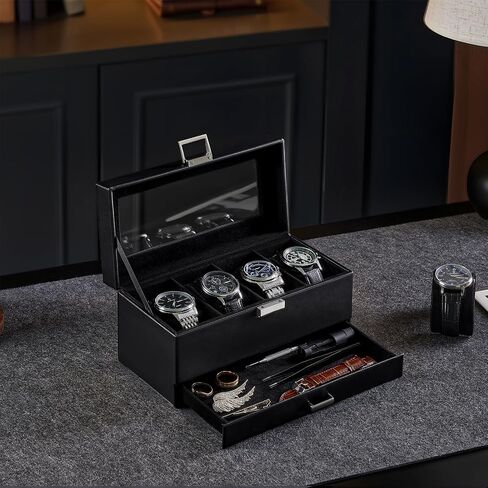 ProCase Watch Case, 8 Slot Mens Watch Box Holder Organizer with Glass Lid, 2-Layer Watches Display Case, Mens Jewelry Box with Drawer, Birthday Christmas Gifts for Men Women -8 Slot, Espresso in Saudi Arabia