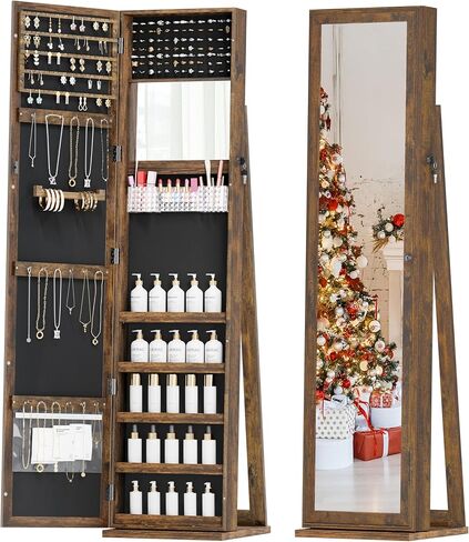 Mirror Jewelry Cabinet Standing, 360° Swivel Jewelry Armoire with 3 Color LED Lights, Lockable Jewelry Organizer with Storage Shelves in Saudi Arabia