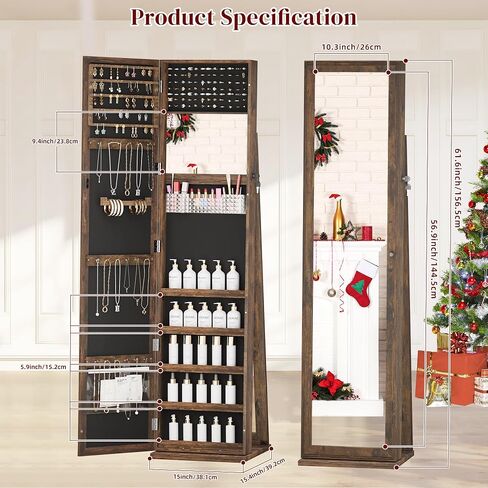 Mirror Jewelry Cabinet Standing, 360° Swivel Jewelry Armoire with 3 Color LED Lights, Lockable Jewelry Organizer with Storage Shelves in Saudi Arabia