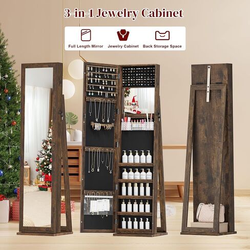 Mirror Jewelry Cabinet Standing, 360° Swivel Jewelry Armoire with 3 Color LED Lights, Lockable Jewelry Organizer with Storage Shelves in Saudi Arabia