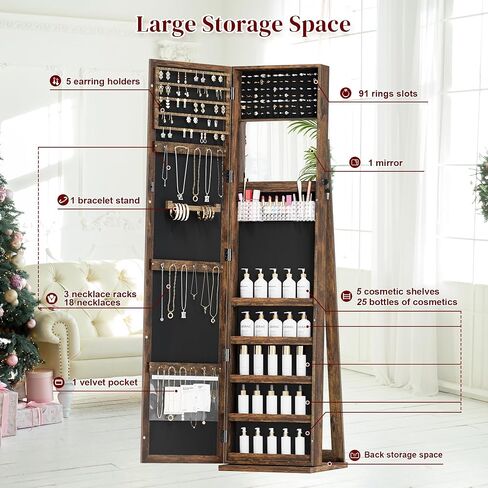 Mirror Jewelry Cabinet Standing, 360° Swivel Jewelry Armoire with 3 Color LED Lights, Lockable Jewelry Organizer with Storage Shelves in Saudi Arabia