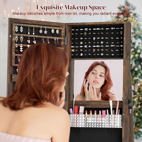 Mirror Jewelry Cabinet Standing, 360° Swivel Jewelry Armoire with 3 Color LED Lights, Lockable Jewelry Organizer with Storage Shelves in Saudi Arabia