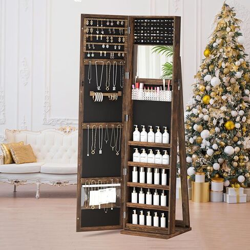 Mirror Jewelry Cabinet Standing, 360° Swivel Jewelry Armoire with 3 Color LED Lights, Lockable Jewelry Organizer with Storage Shelves in Saudi Arabia