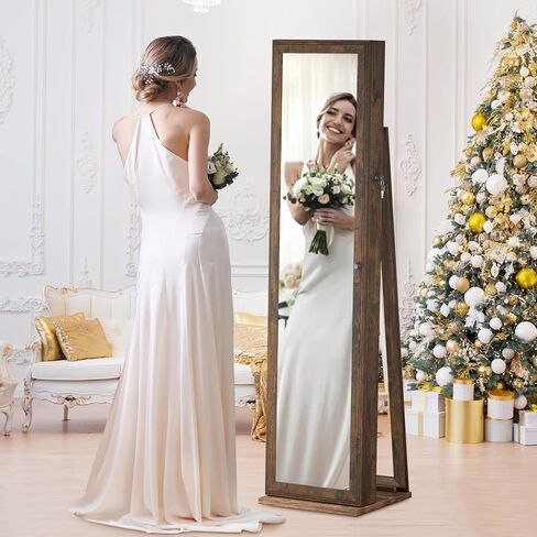 Mirror Jewelry Cabinet Standing, 360° Swivel Jewelry Armoire with 3 Color LED Lights, Lockable Jewelry Organizer with Storage Shelves in Saudi Arabia
