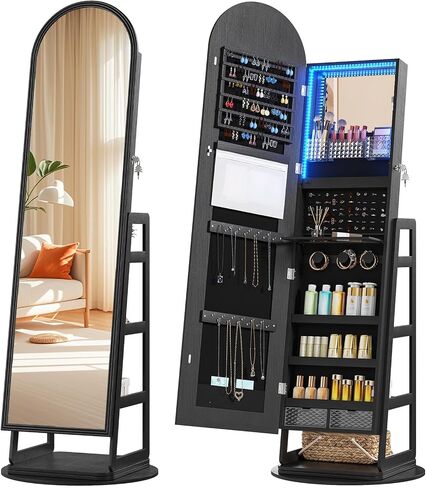 HWB Arched Mirror Jewelry Cabinet with Storage, LED Jewelry Armoire w/Full Length Mirror & 360° Swivel, Standing Jewelry Holder Organizer with Rear Storage Shelves & Hooks, Lockable - White in Saudi Arabia