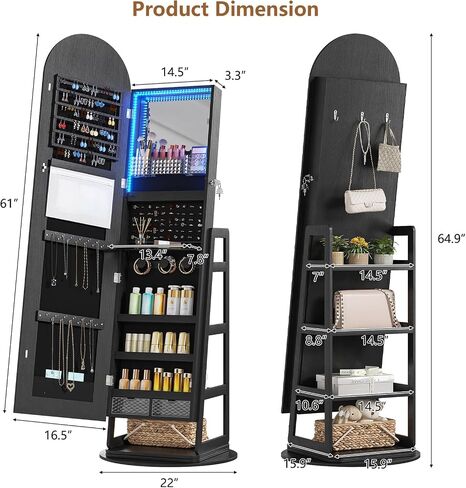 HWB Arched Mirror Jewelry Cabinet with Storage, LED Jewelry Armoire w/Full Length Mirror & 360° Swivel, Standing Jewelry Holder Organizer with Rear Storage Shelves & Hooks, Lockable - White in Saudi Arabia