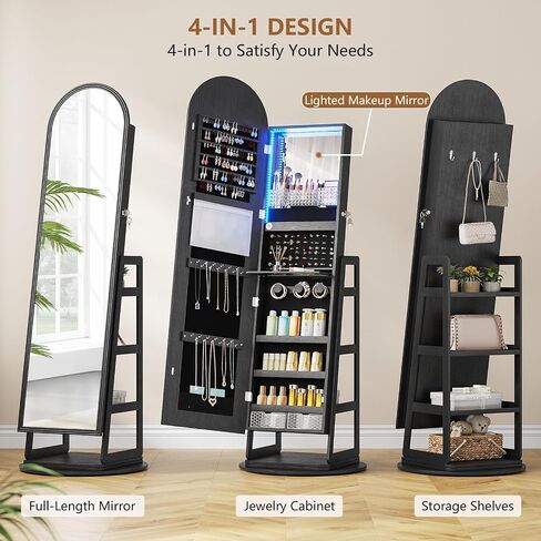 HWB Arched Mirror Jewelry Cabinet with Storage, LED Jewelry Armoire w/Full Length Mirror & 360° Swivel, Standing Jewelry Holder Organizer with Rear Storage Shelves & Hooks, Lockable - White in Saudi Arabia