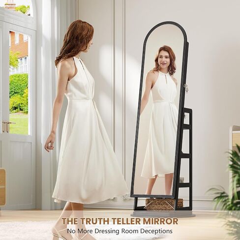 HWB Arched Mirror Jewelry Cabinet with Storage, LED Jewelry Armoire w/Full Length Mirror & 360° Swivel, Standing Jewelry Holder Organizer with Rear Storage Shelves & Hooks, Lockable - White in Saudi Arabia