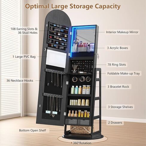 HWB Arched Mirror Jewelry Cabinet with Storage, LED Jewelry Armoire w/Full Length Mirror & 360° Swivel, Standing Jewelry Holder Organizer with Rear Storage Shelves & Hooks, Lockable - White in Saudi Arabia