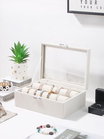 Bracelet Holder Organizer Box, Jewelry Storage Case with 2 Rods, Bangle Watch Display Tray for Women Girls (Beige) in Saudi Arabia