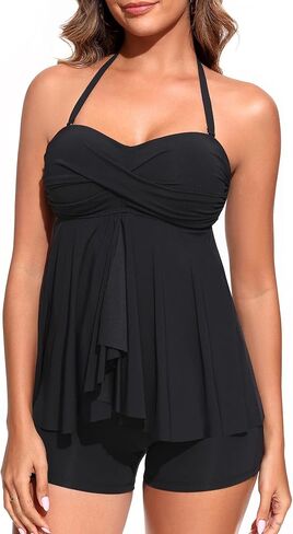 Women Strapless Tankini Swimsuits - 2 Piece Halter Bathing Suit Bandeau Flyaway Top with High Waist Swim Shorts in Saudi Arabia