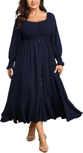Plus Size Smocked Casual Maxi Dress for Curvy Women Long Sleeve Sweetheart Neckline Fall Dresses Button Down in Saudi Arabia