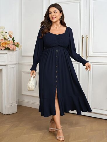 Plus Size Smocked Casual Maxi Dress for Curvy Women Long Sleeve Sweetheart Neckline Fall Dresses Button Down in Saudi Arabia