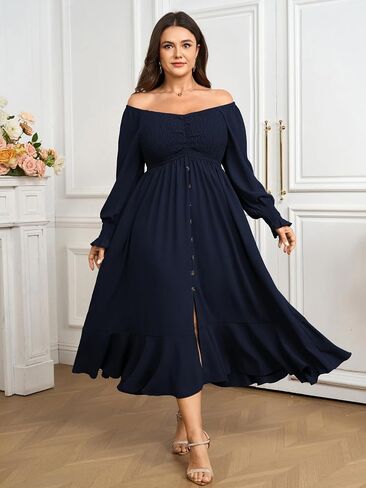 Plus Size Smocked Casual Maxi Dress for Curvy Women Long Sleeve Sweetheart Neckline Fall Dresses Button Down in Saudi Arabia