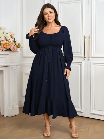 Plus Size Smocked Casual Maxi Dress for Curvy Women Long Sleeve Sweetheart Neckline Fall Dresses Button Down in Saudi Arabia
