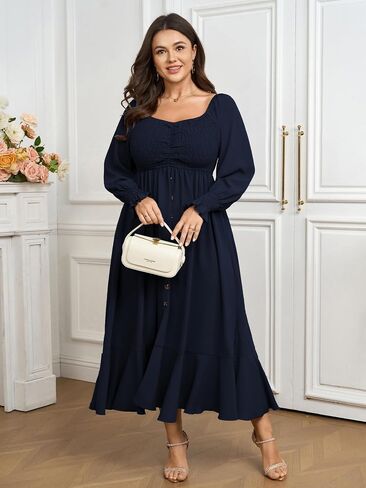Plus Size Smocked Casual Maxi Dress for Curvy Women Long Sleeve Sweetheart Neckline Fall Dresses Button Down in Saudi Arabia