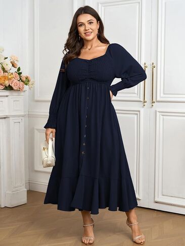 Plus Size Smocked Casual Maxi Dress for Curvy Women Long Sleeve Sweetheart Neckline Fall Dresses Button Down in Saudi Arabia