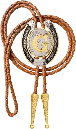 Bolo tie for Men Western Cowboy Brown Leather Necktie Gold Initial Letter ABCDJMR to Z Bolo ties for Women in Kuwait