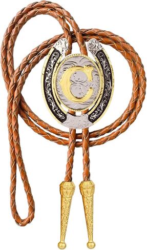 Bolo tie for Men Western Cowboy Brown Leather Necktie Gold Initial Letter ABCDJMR to Z Bolo ties for Women in Kuwait