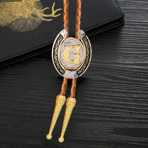 Bolo tie for Men Western Cowboy Brown Leather Necktie Gold Initial Letter ABCDJMR to Z Bolo ties for Women in Kuwait